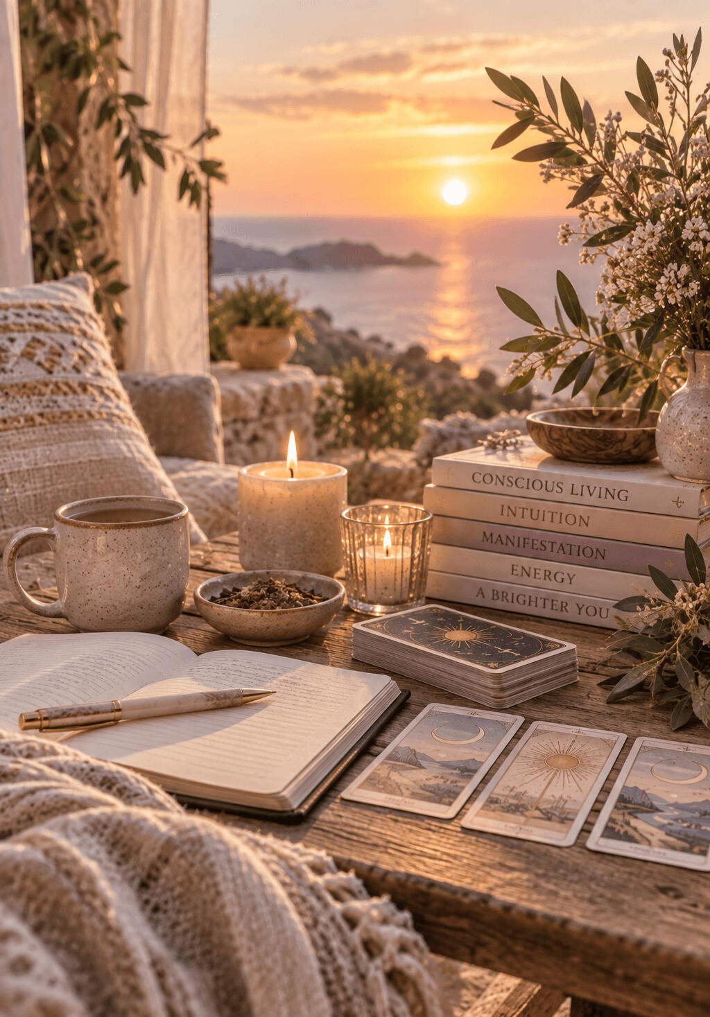A softly styled magical scene with books, candles and tarot cards, representing curiosity, exploration, intuition and the sense of possibility at the heart of The Flow Sisterhood.